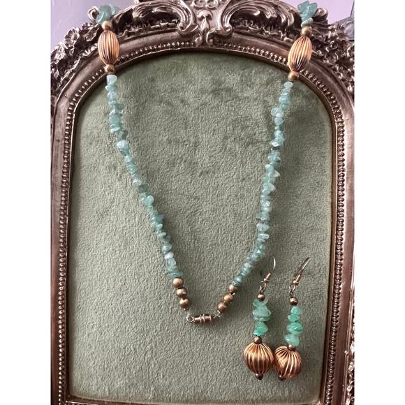 Vintage Mother of Pearl & Aventurine Necklace & Earring Set Statement Jewelry - Picture 6 of 9